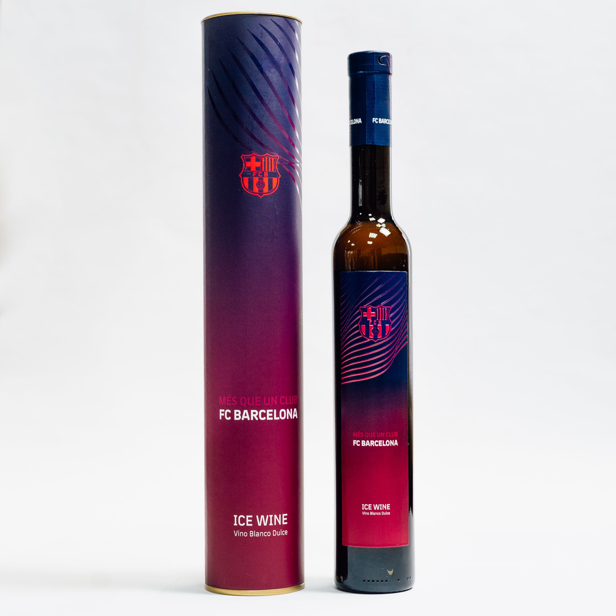Vin Barcelona Ice Wine Lion-gri, sticlă Riesling 0.375l cu ambalaj albastru și roșu.