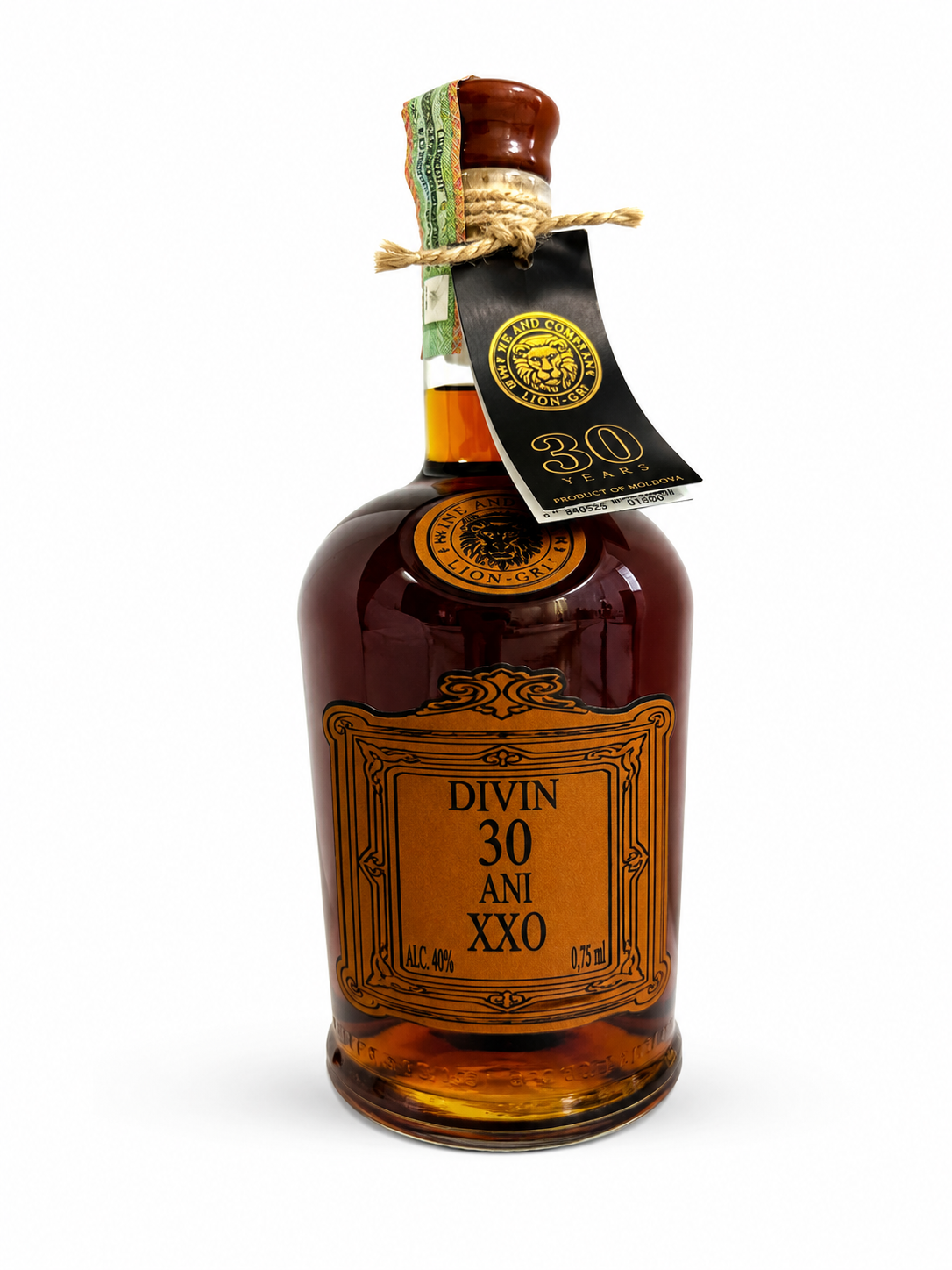 Sticlă Divin XXO 30 ani cu etichetă maro și dop din lemn, 750 ml, Lion-gri.