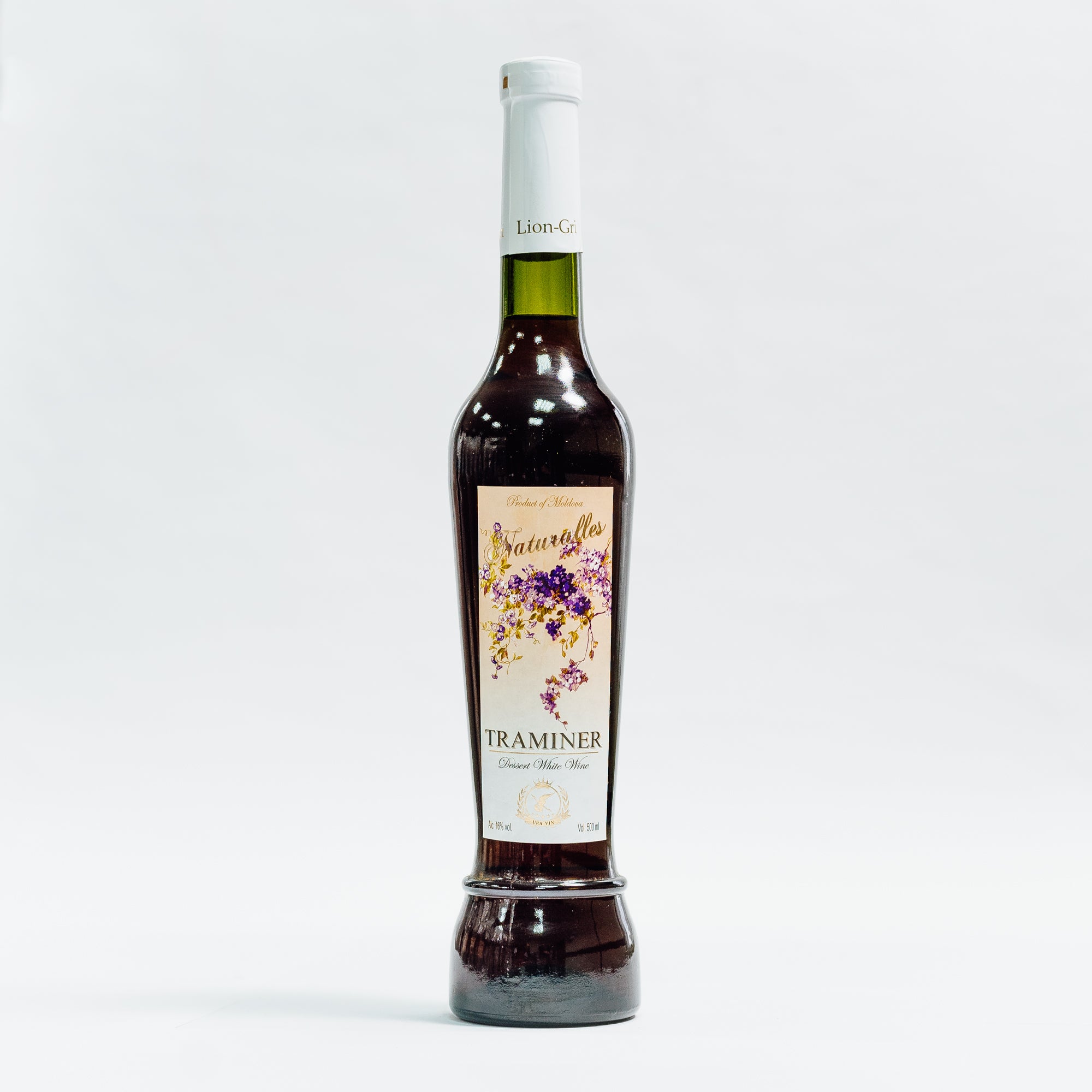 Vin desert Traminer Naturalles 500ml Lion-gri sticlă verde și etichetă florală.